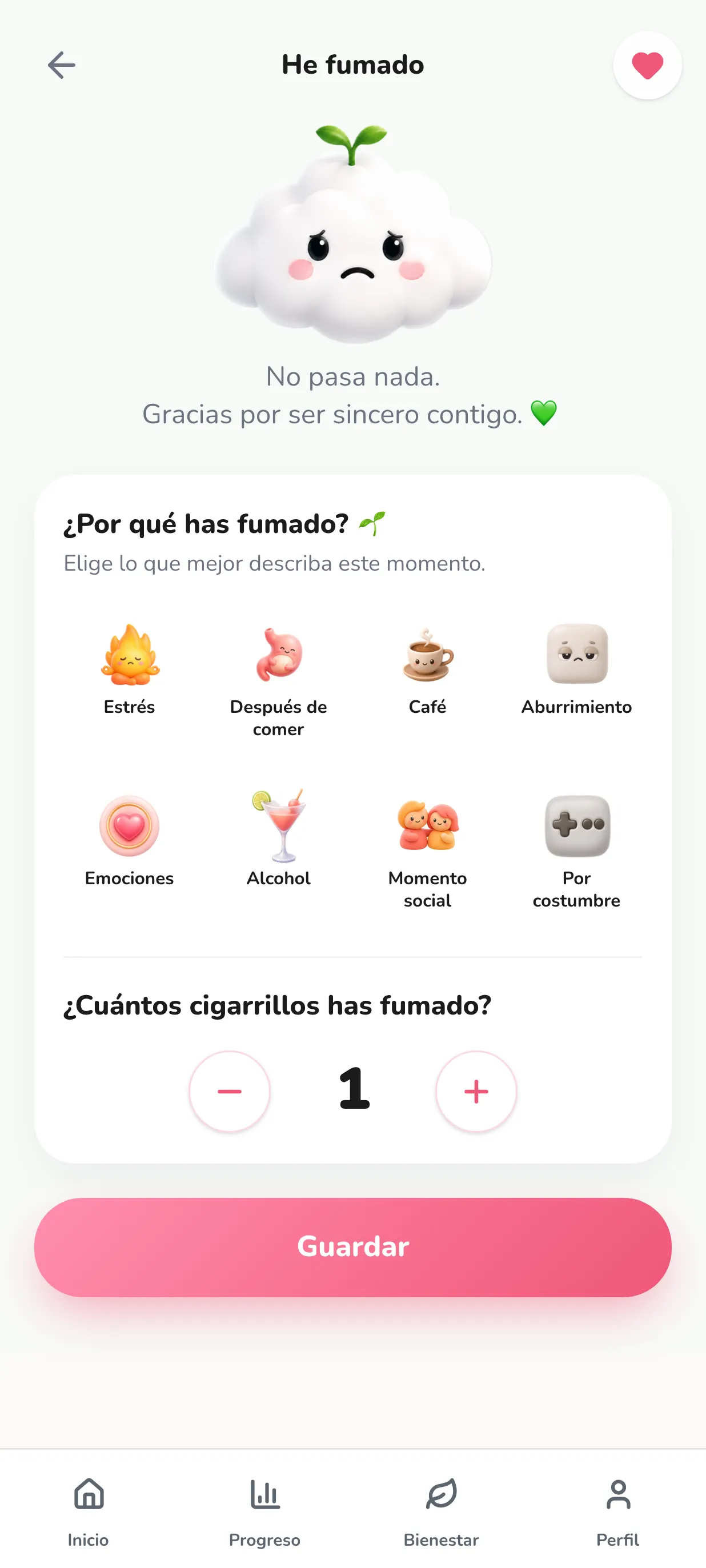 La pantalla de registro de Smokido. Se proponen ocho situaciones: estrés, después de comer, café, aburrimiento, emociones, alcohol, momento social, por costumbre. Ninguna está seleccionada.