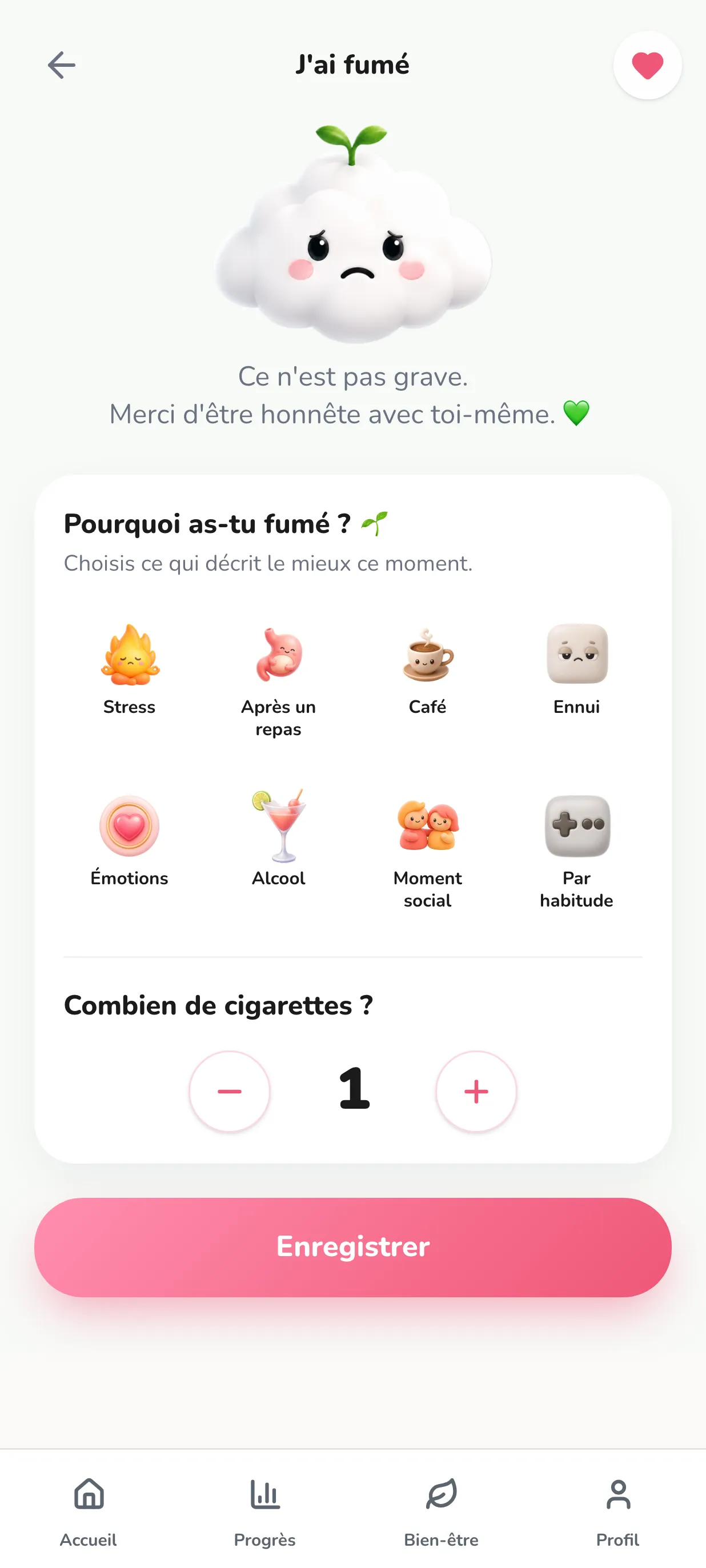L'écran d'enregistrement de Smokido. Huit situations sont proposées : stress, après un repas, café, ennui, émotions, alcool, moment social, par habitude. Aucune n'est sélectionnée.