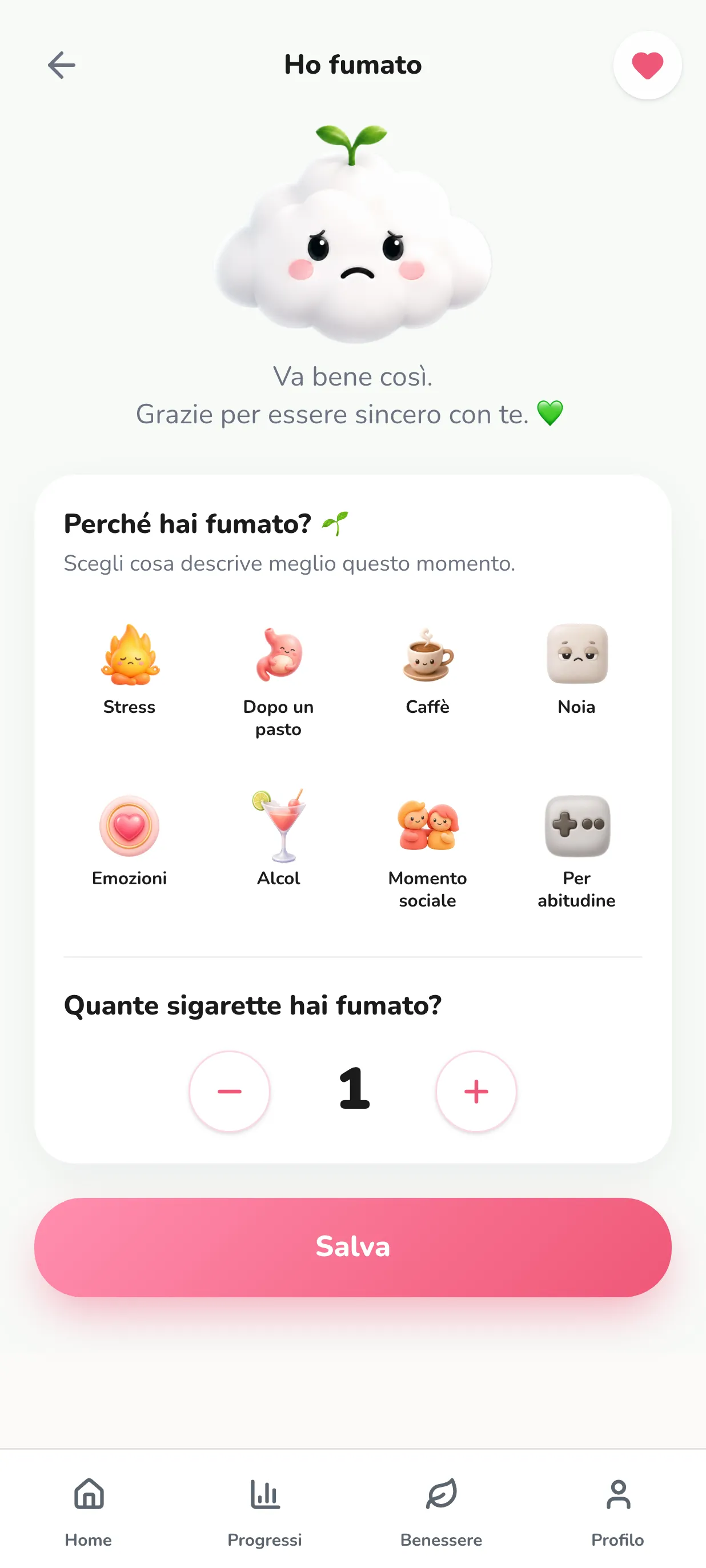 La schermata di registrazione di Smokido. Sono proposte otto situazioni: stress, dopo un pasto, caffè, noia, emozioni, alcol, momento sociale, per abitudine. Nessuna è selezionata.