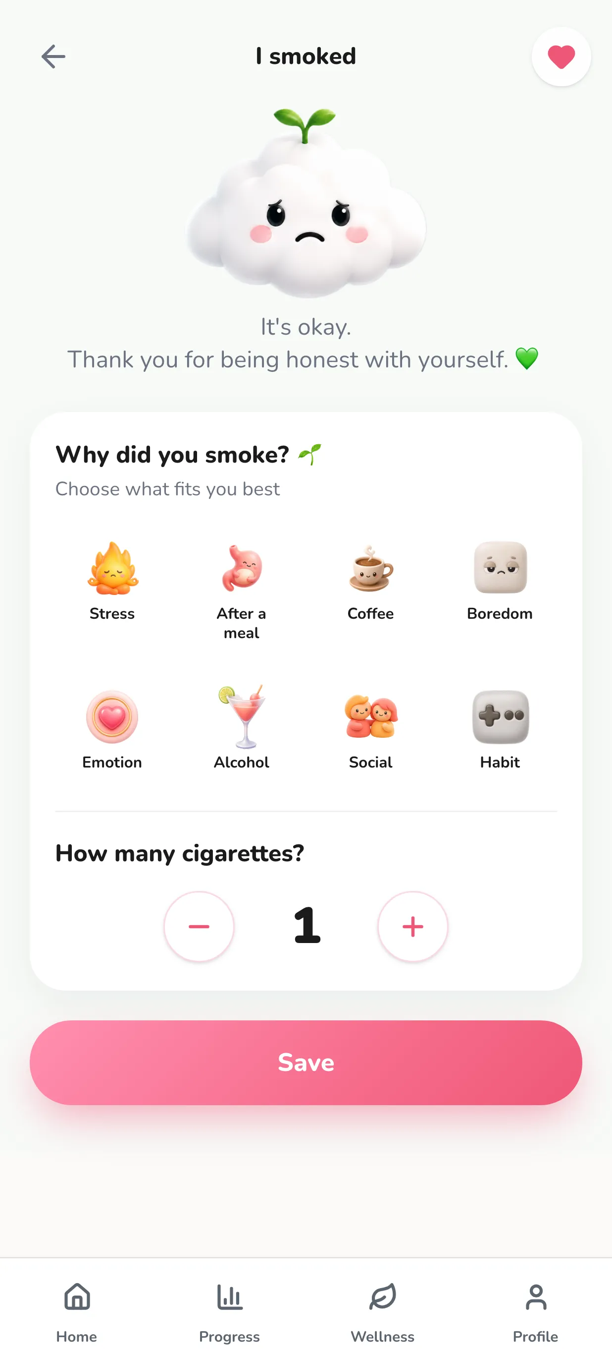 The Smokido logging screen. Eight situations are offered: stress, after a meal, coffee, boredom, emotions, alcohol, social moment, out of habit. None is selected.