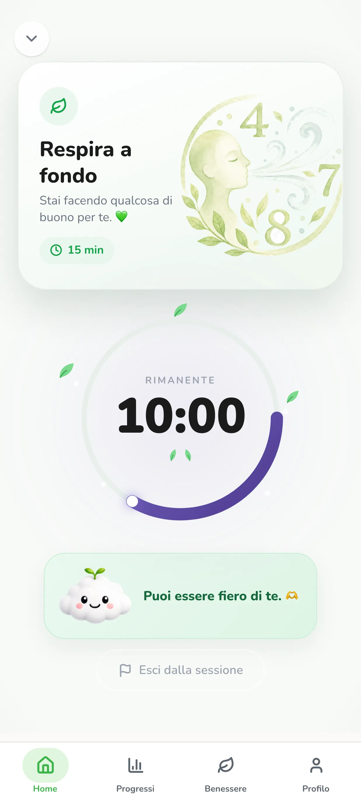 Una sessione in corso su Smokido: l’attività «Respira a fondo», della durata di 15 minuti, con 10:00 rimanenti.