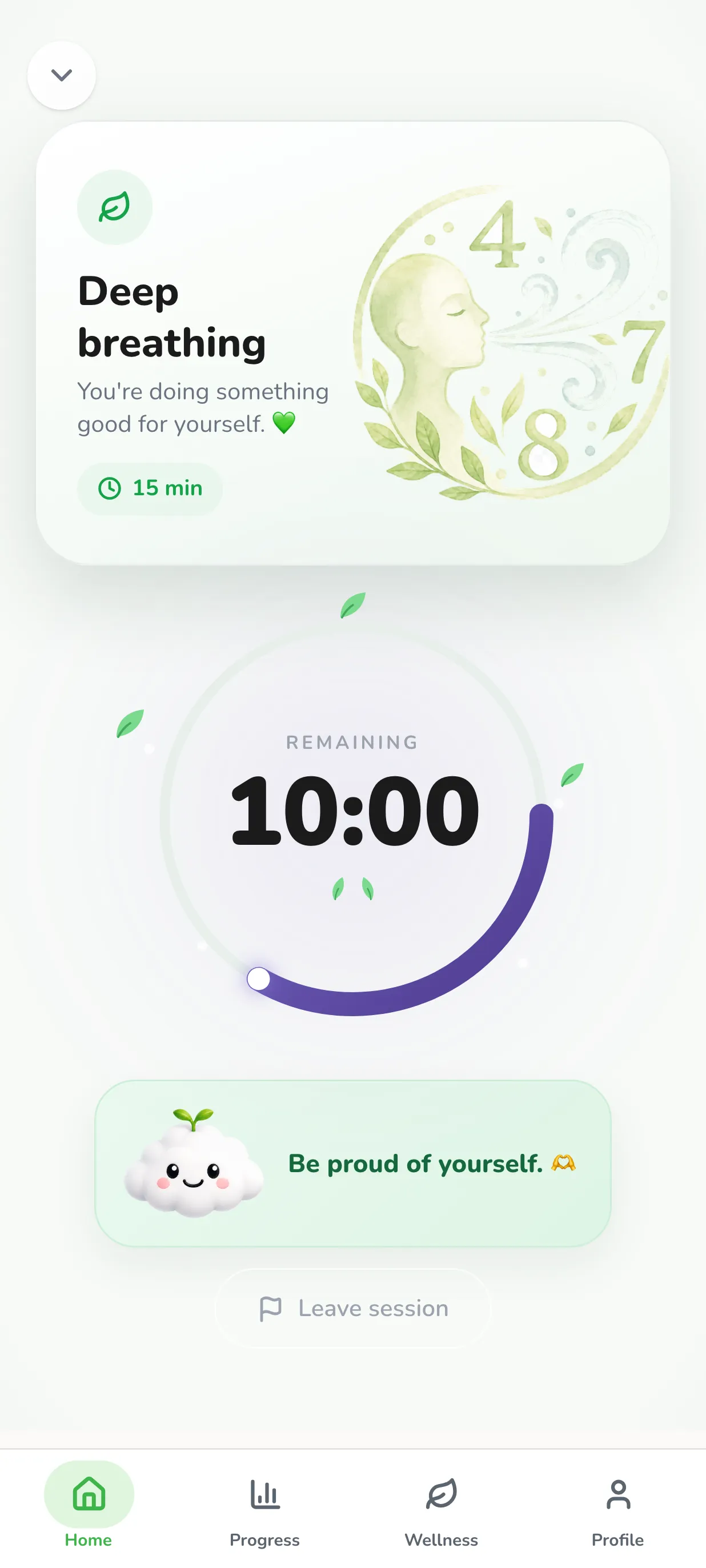 A session running in Smokido: the activity “Deep breathing”, lasting 15 minutes, with 10:00 left.